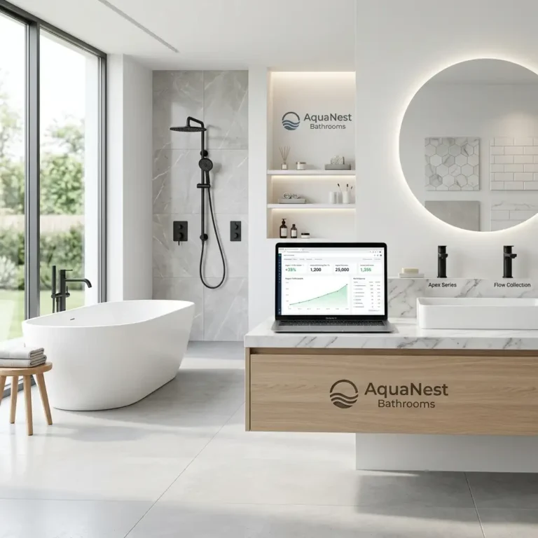 Modern AquaNest Bathrooms showroom featuring premium bathroom products and ecommerce SEO growth analytics.