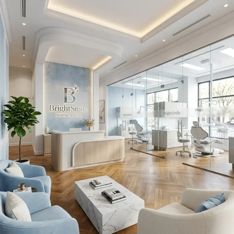 BrightSmile Dental Studio premium dental clinic featuring a modern reception area and branded interior.