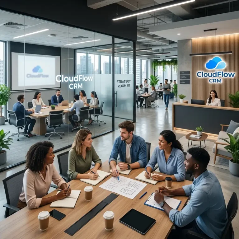 CloudFlow CRM modern technology office with premium branded workspace and collaborative environment.