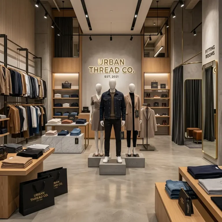 Urban Thread Co. premium fashion store showcasing branded apparel displays and modern retail interior.