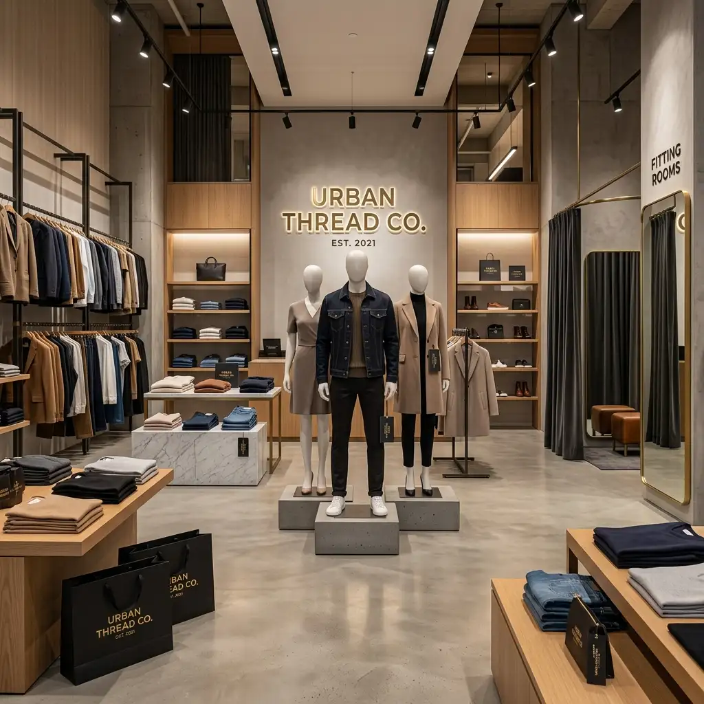 Urban Thread Co. premium fashion store showcasing branded apparel displays and modern retail interior.