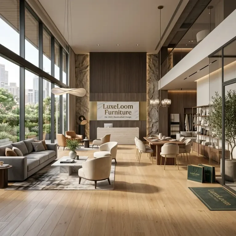 Luxury furniture showroom by LuxeLoom Furniture featuring modern living room furniture and premium interior design.