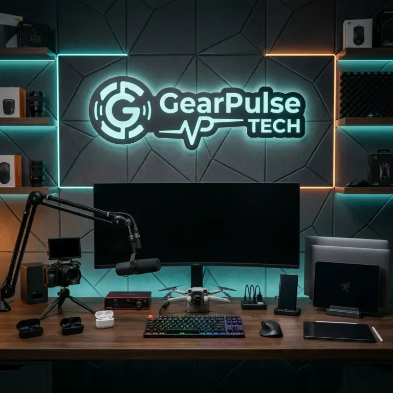 GearPulse Tech creator studio featuring premium technology products and branded recording environment.