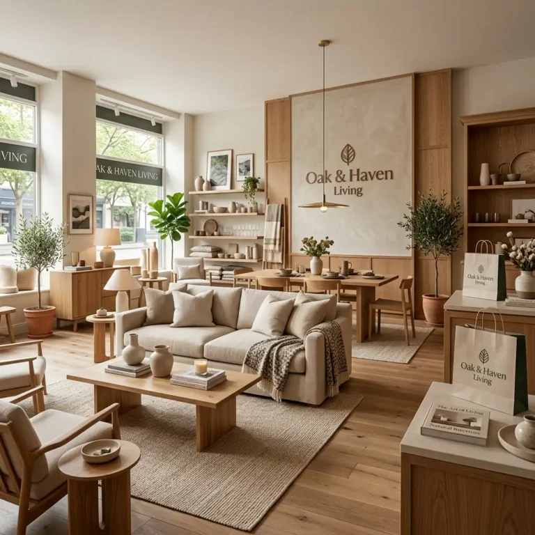 Oak & Haven Living premium home décor showroom featuring elegant furniture and branded interior displays.