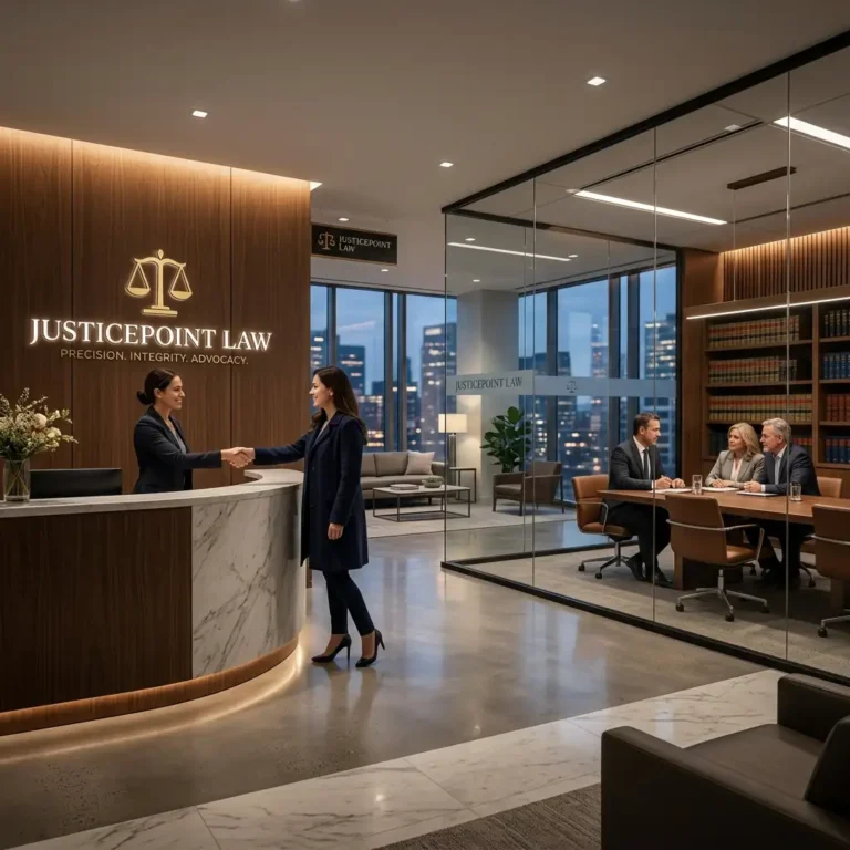 JusticePoint Law modern office showcasing premium legal branding and client consultation environment.