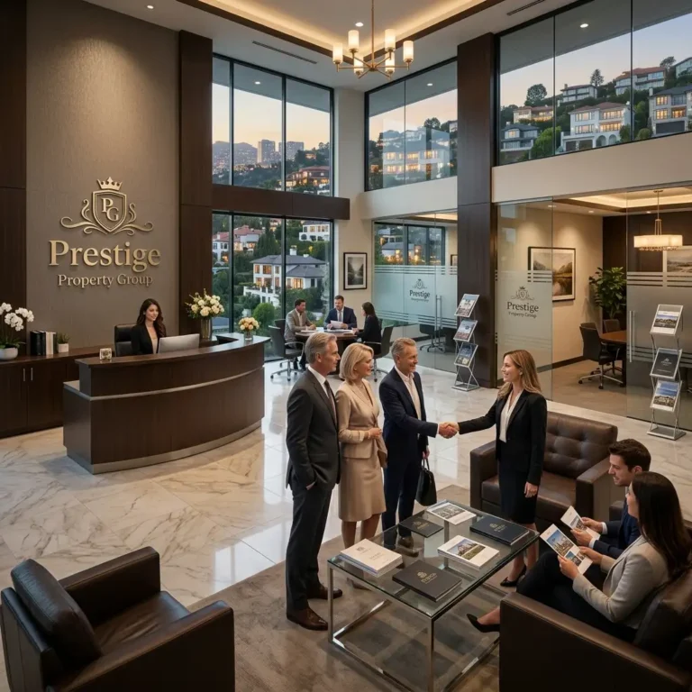 Prestige Property Group luxury real estate office showcasing premium branding and client consultation spaces.