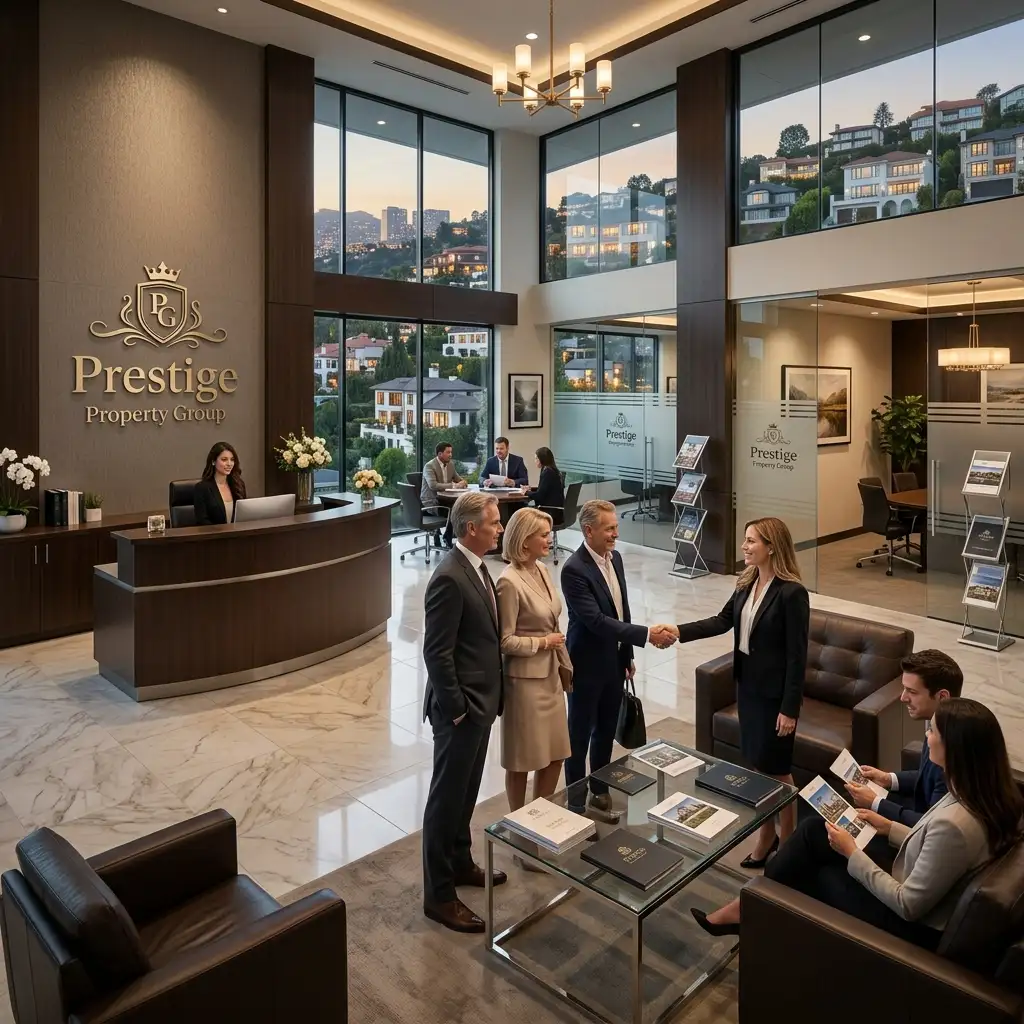 Prestige Property Group luxury real estate office showcasing premium branding and client consultation spaces.