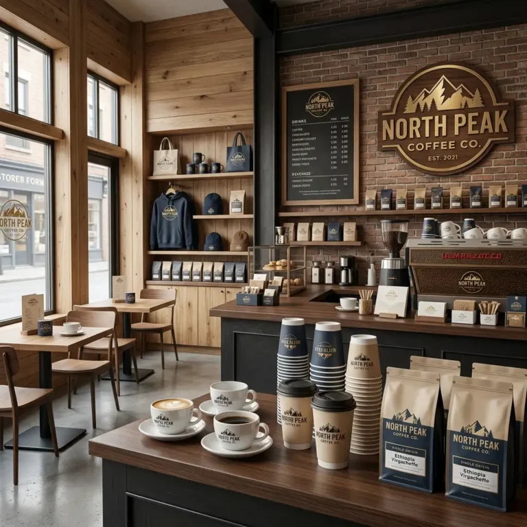 north peak coffee co. North Peak Coffee Co. premium café showcasing a complete branded identity across packaging, signage, and merchandise.