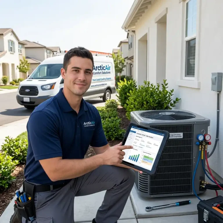 HVAC technician from ArcticAir Comfort Solutions installing an air conditioning system at a residential property.