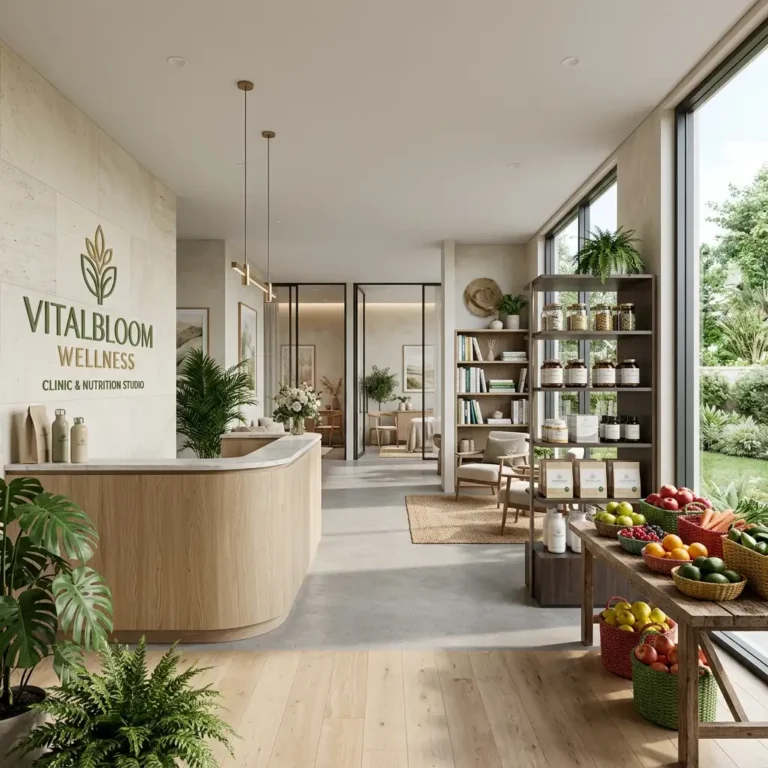 VitalBloom Wellness premium clinic and nutrition studio featuring elegant branded wellness displays.
