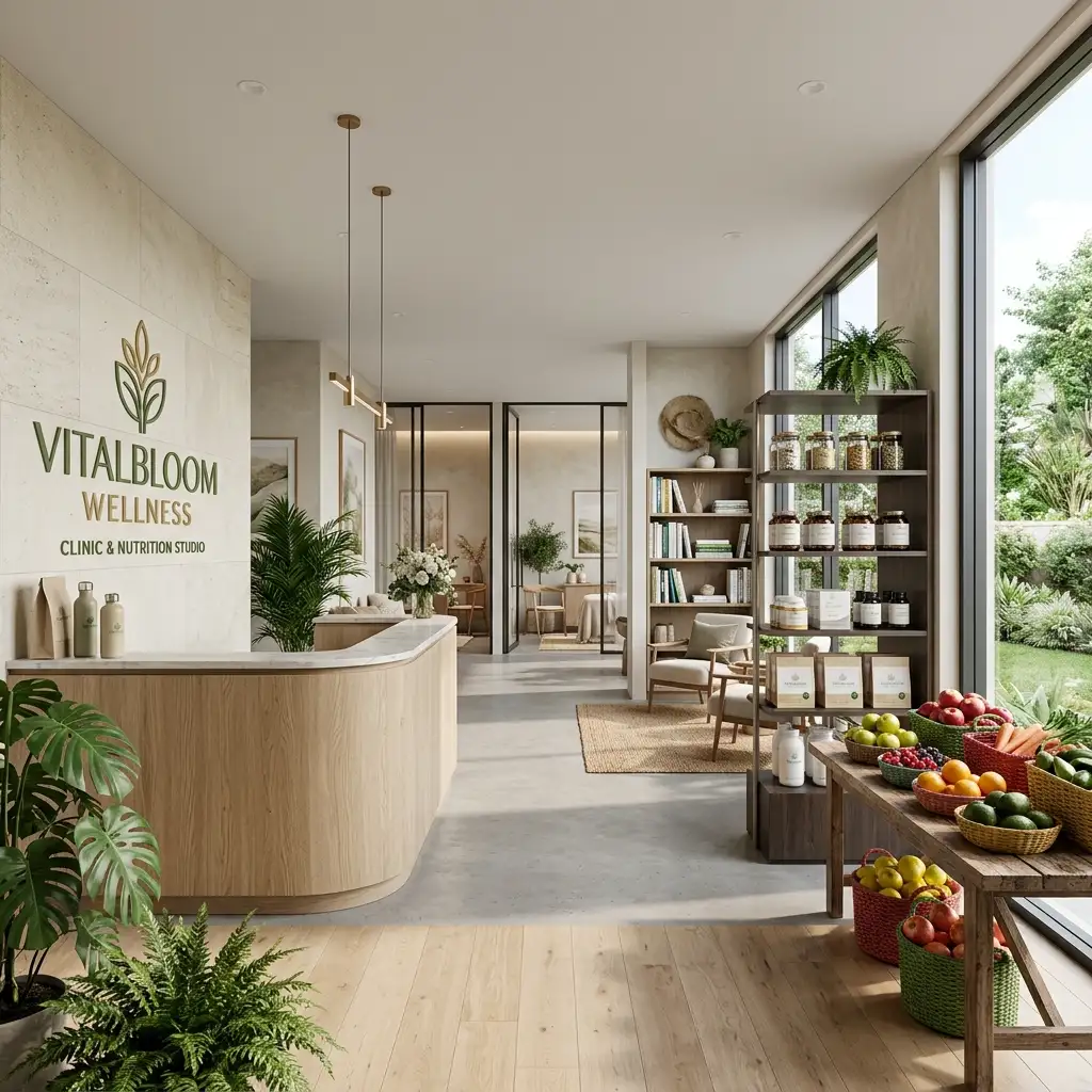 VitalBloom Wellness premium clinic and nutrition studio featuring elegant branded wellness displays.